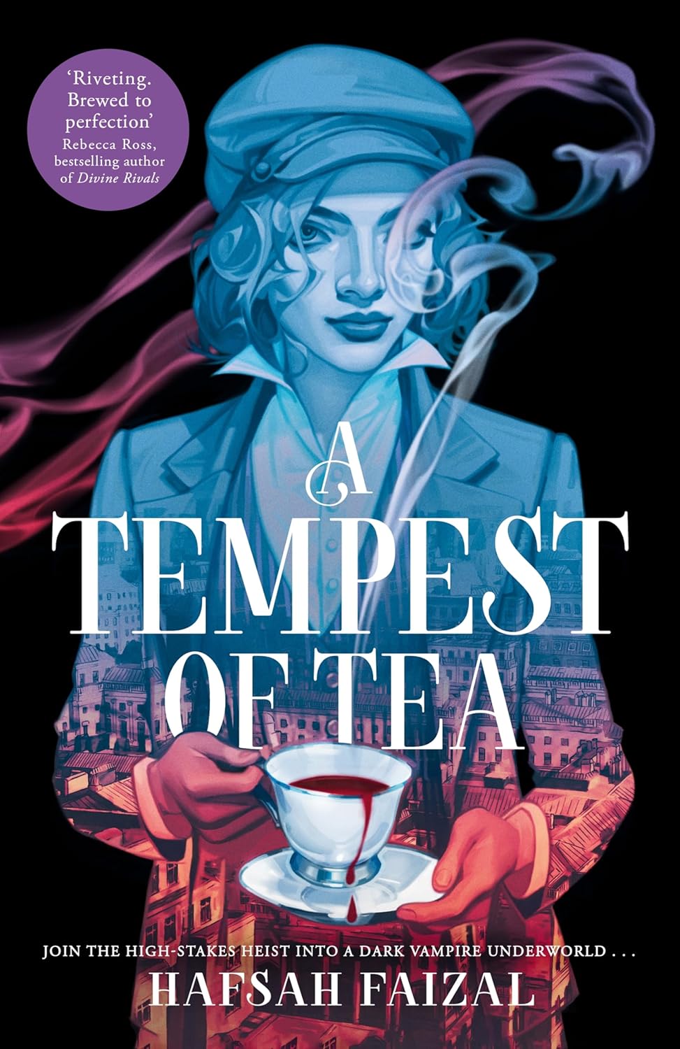 The cover shows the outline of a woman, holding a cup of tea that has a red liquid inside of it, some of which is dripping out. Inside of the silhouette  is an a industrial city scape which is coloured blue, purple and pink. The title of the book is written in large white text across the middle. 