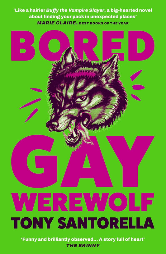 The paperback for Bored Gay Werewolf has a bright green background with an illustrated werewolf head in the centre, baring its teeth at the viewer. The title and author name are written in dark purple text.
