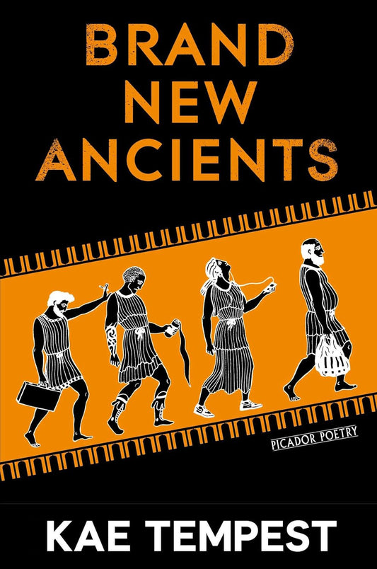 The book cover for Brand New Ancients has four people walking in a line in the style of red figure pottery from ancient Greece. One holds a briefcase, one holds a cigarette, one listens to music with headphones, and the one leading is holding grocery bags.