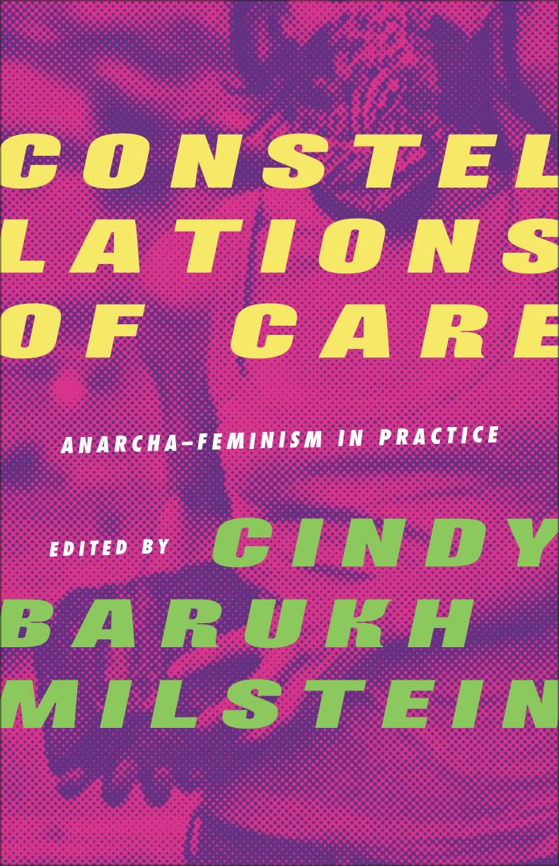 The pink book cover for Constellations of Care has a half tone image of a woman wearing a mask and a tank top. She holding something unidentifiable in her hands. The title of the novel is written over the image in yellow, and the author name is written in green.