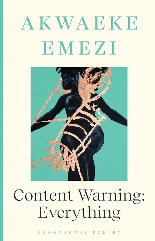 The book cover for Content Warning: Everything has a square painting in the cetnre of a naked black female body with gold lines streaking around her.