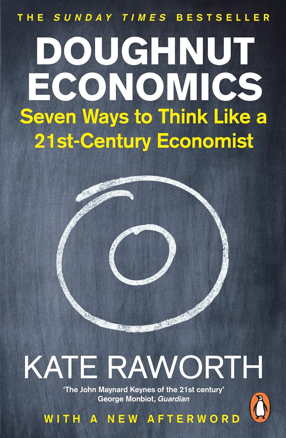 The book cover for Doughnut Economics has a chalkboard with a doughnut drawn in white. The title and author name are written in white/yellow text.