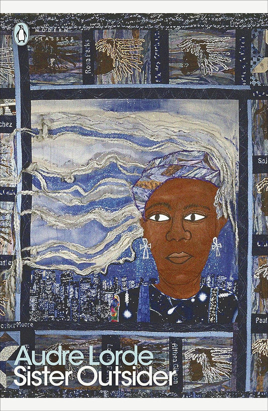 The book cover for Sister Outsider shows an illustration of a black lady wearing a blue head wrap standing in front of a city skyline.
