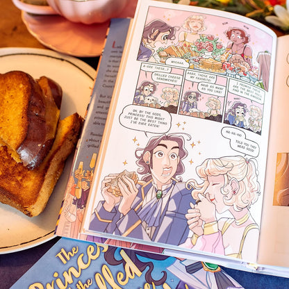 The book The Princess and the Grilled Cheese Sandwich is open on one of the full-colour illustrated pages on a table, with a plate of grilled cheese beside it.