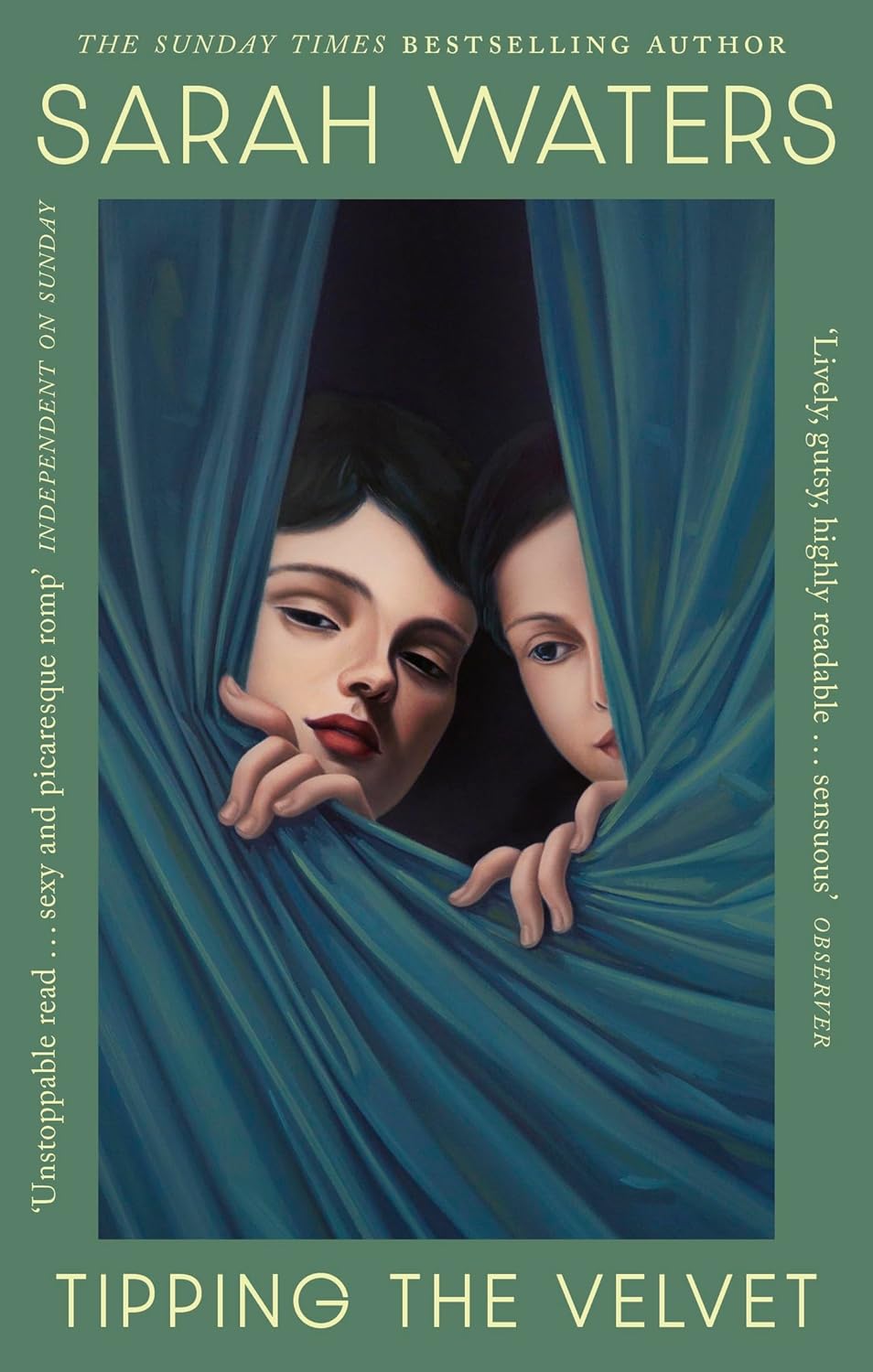 The book cover for Tipping the Velvet shows two white young ladies peeking out from behind a stage curtain.