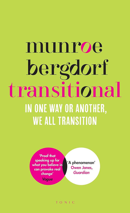 The book cover for Transitional is green with the author name and title written on the cover in black and pink text.
